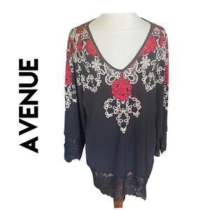 Avenue Womens Blouse Tunic Floral V Neckline Lace Hem Long Sleeve Black Sz 18/20